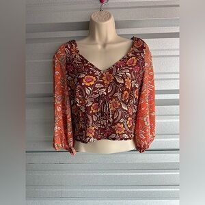 SIENNA SKY Floral Color Block Cropped Blouse Size Large